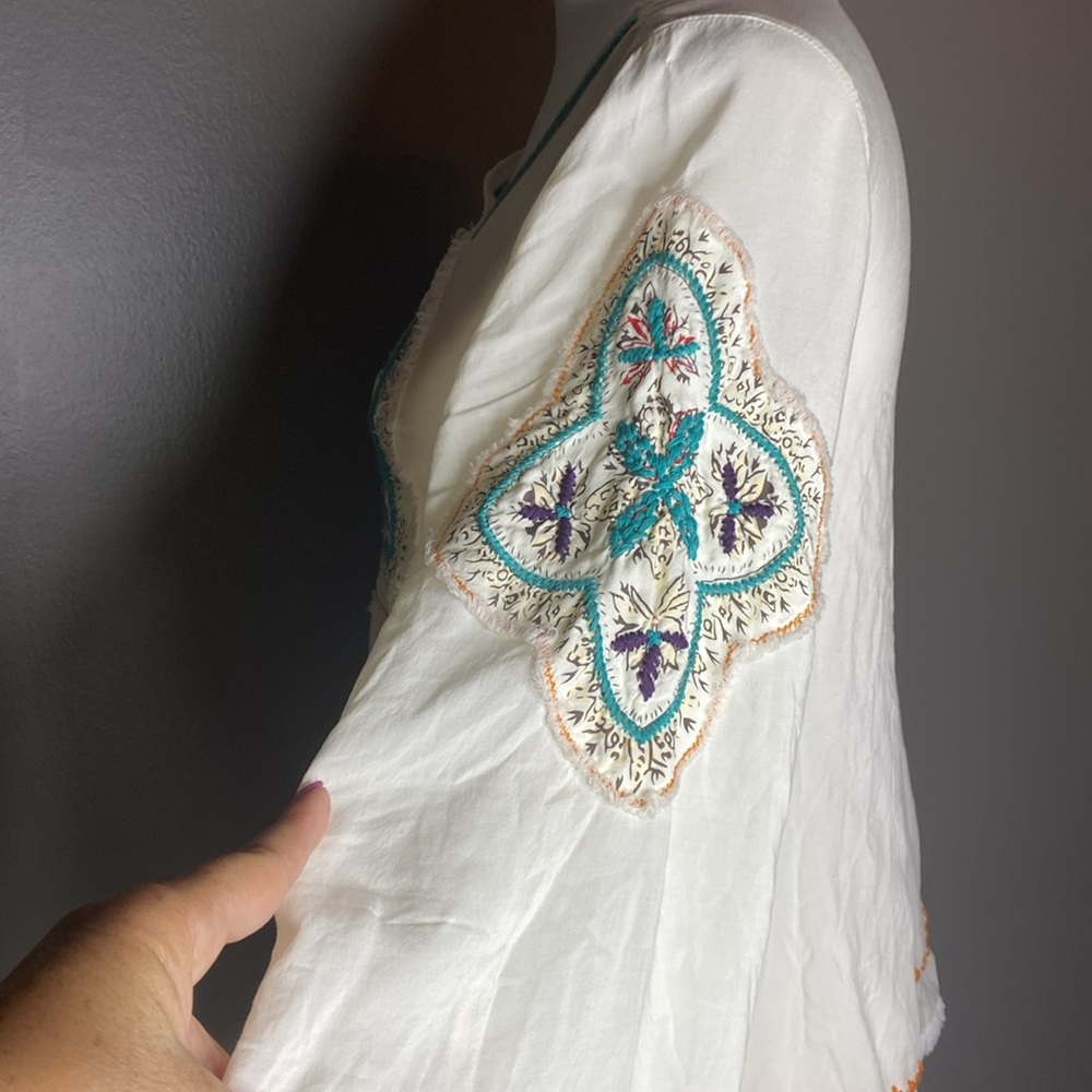 Love Stitch Cream Embroidered Fringe 3/4 Sleeve Bohemian Blouse - Size S - Picture 6 of 8